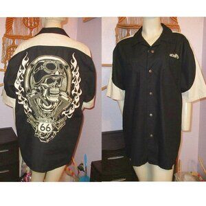 Ride or Die Highway To Hell Snap Shirt Mens Size L Skull Flame Patches Camp Goth